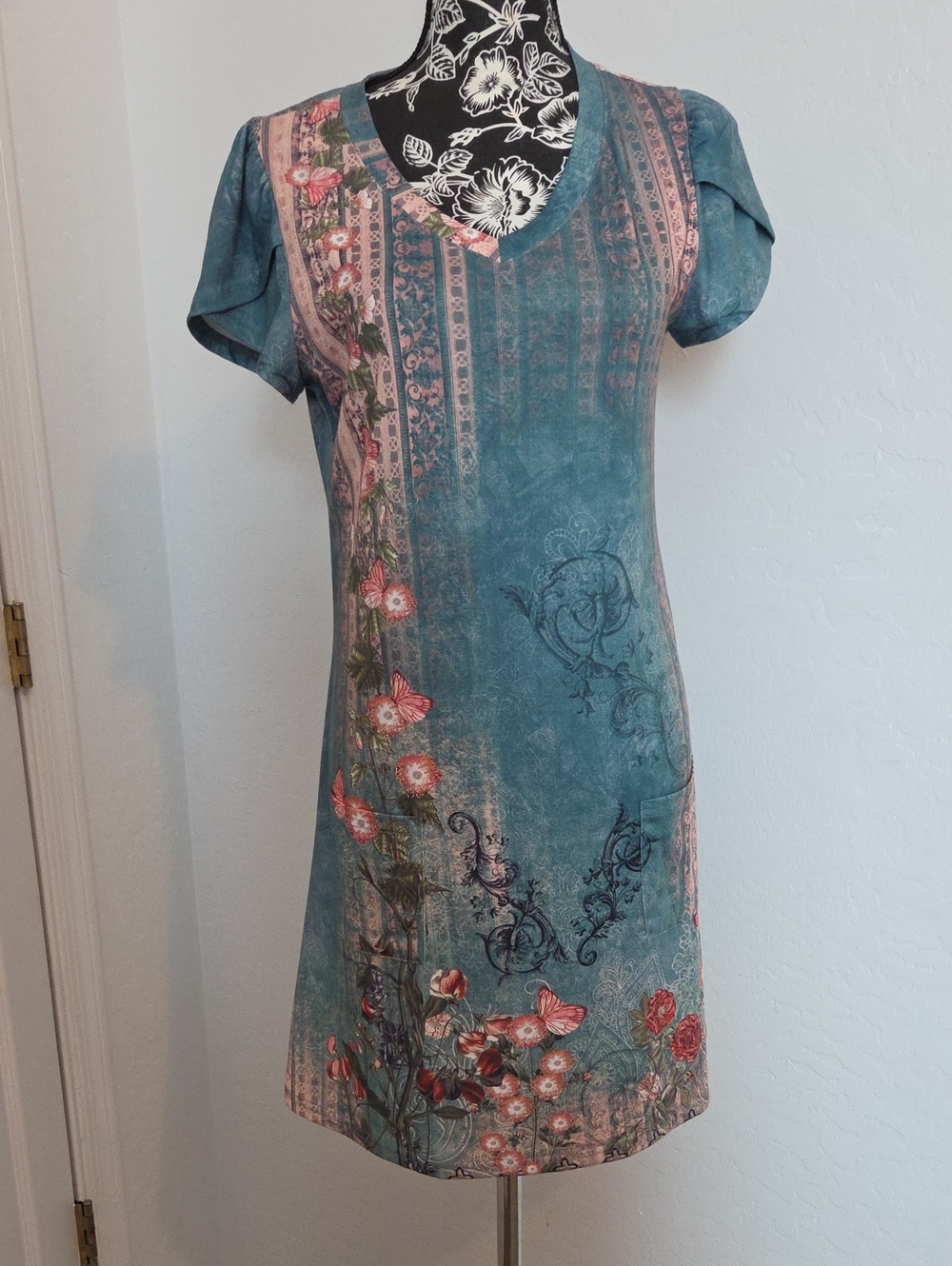 Teal and Pink Floral V-Neck Women's Dress